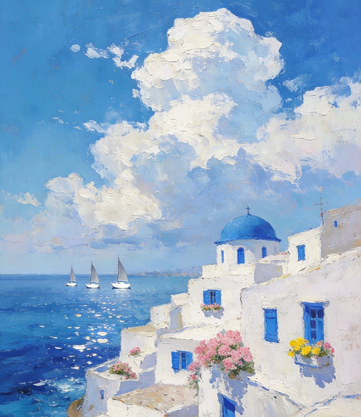 Greek Dream by the Aegean, Seashore Paintings, Canvas Paintings for Bedroom, Original Landscape Paintings, Heavy Texture Artwork, Small Oil Paintings, Hand Painted Canvas Art-Art Painting Canvas