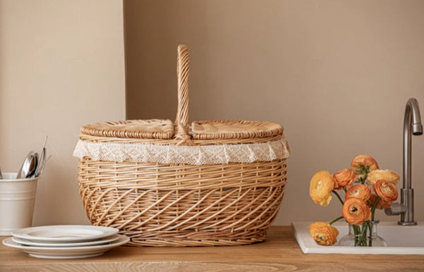 Extra Large Kitchen Storage Baskets, Picnic Storage Basket with Handle, Natural Hand-woven Wicker Storage Basket, Lovely Willow Weaving Baskets for Vegetable, Natural Fruit Storage Baskets-Art Painting Canvas