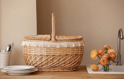 Extra Large Kitchen Storage Baskets, Picnic Storage Basket with Handle, Natural Hand-woven Wicker Storage Basket, Lovely Willow Weaving Baskets for Vegetable, Natural Fruit Storage Baskets