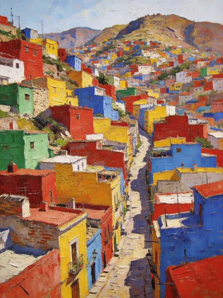 Original Landscape Art, Guanajuato's Hued Houses and Winding Paths, Small Oil Paintings, Hand Painted Canvas Art, Heavy Texture Wall Art Paintings, Landscape Paintings for Bedroom-Art Painting Canvas
