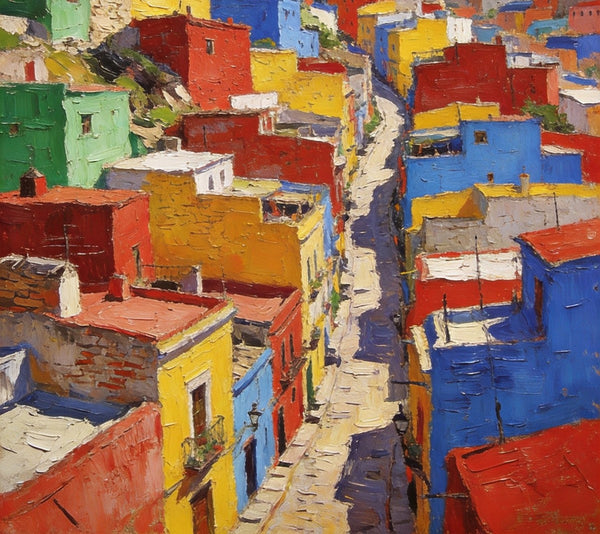 Original Landscape Art, Guanajuato's Hued Houses and Winding Paths, Small Oil Paintings, Hand Painted Canvas Art, Heavy Texture Wall Art Paintings, Landscape Paintings for Bedroom-Art Painting Canvas