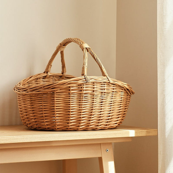 Large Kitchen Storage Baskets, Picnic Storage Basket with Handle, Hand-woven Wicker Storage Basket, Willow Weaving Baskets for Vegetable, Natural Fruit Basket-Art Painting Canvas