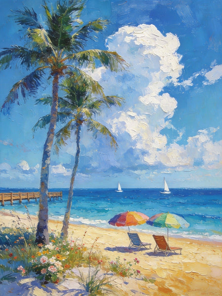 Heavy Texture Artwork, Coastal Peach and Quiet, Palm Trees Seashore Paintings, Hand Painted Canvas Wall Art, Original Oil Paintings, Small Canvas Paintings, Small Canvas Paintings-Art Painting Canvas