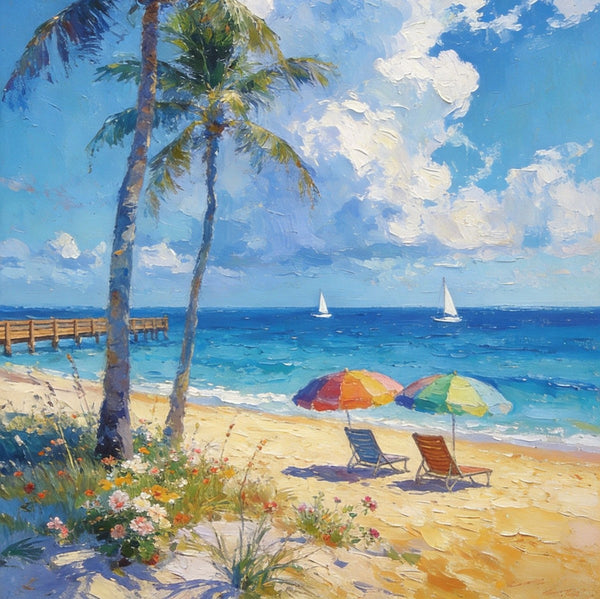 Heavy Texture Artwork, Coastal Peach and Quiet, Palm Trees Seashore Paintings, Hand Painted Canvas Wall Art, Original Oil Paintings, Small Canvas Paintings, Small Canvas Paintings-Art Painting Canvas