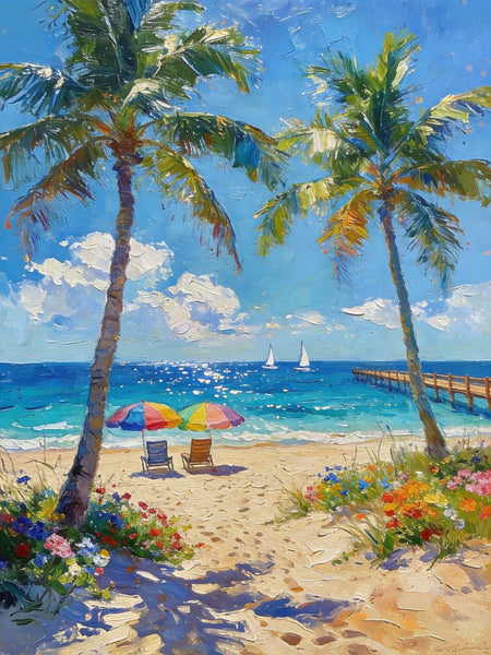 Original Landscape Paintings, Tropical Coastal Charm, Palm Tree Seashore Paintings, Canvas Paintings for Bedroom, Heavy Texture Artwork, Small Oil Paintings, Hand Painted Canvas Art-Art Painting Canvas
