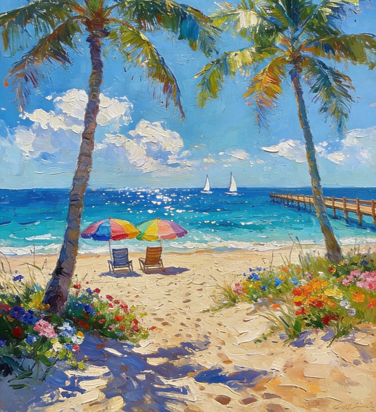 Original Landscape Paintings, Tropical Coastal Charm, Palm Tree Seashore Paintings, Canvas Paintings for Bedroom, Heavy Texture Artwork, Small Oil Paintings, Hand Painted Canvas Art-Art Painting Canvas