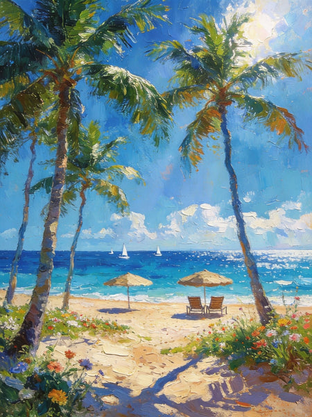 Canvas Paintings for Dining Room, Beachside Haven, Palm Tree Seashore Paintings, Original Landscape Paintings, Heavy Texture Artwork, Small Oil Paintings, Hand Painted Canvas Art-Art Painting Canvas