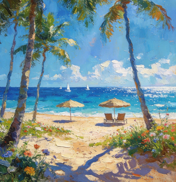 Canvas Paintings for Dining Room, Beachside Haven, Palm Tree Seashore Paintings, Original Landscape Paintings, Heavy Texture Artwork, Small Oil Paintings, Hand Painted Canvas Art-Art Painting Canvas