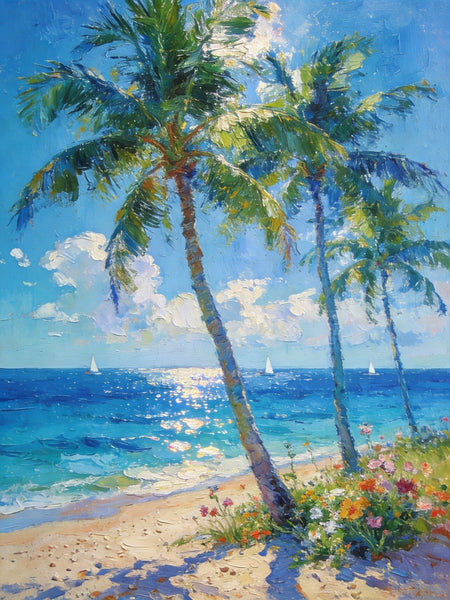 Canvas Paintings for Bedroom, Sunlit Shoreline, Palm Tree Seashore Paintings, Heavy Texture Artwork, Original Landscape Paintings, Small Oil Paintings, Hand Painted Canvas Wall Art-Art Painting Canvas