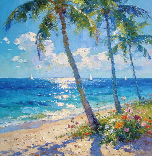 Canvas Paintings for Bedroom, Sunlit Shoreline, Palm Tree Seashore Paintings, Heavy Texture Artwork, Original Landscape Paintings, Small Oil Paintings, Hand Painted Canvas Wall Art-Art Painting Canvas