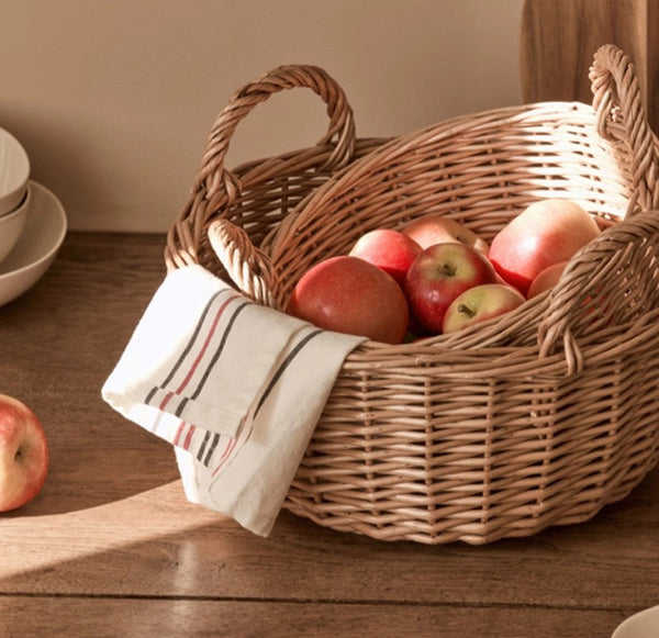 Picnic Fruit Basket with Handle, Kitchen Storage Baskets, Natural Hand-woven Wicker Round Storage Basket, Lovely Willow Weaving Baskets for Vegetable, Natural Fruit Storage Basket-Art Painting Canvas