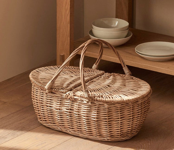 Extra Large Picnic Food Basket with Handle, Kitchen Storage Baskets, Natural Hand-woven Wicker Storage Basket, Lovely Willow Weaving Baskets for Vegetable, Natural Fruit Basket-Art Painting Canvas