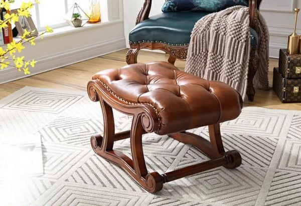 Cherry Wood Footstool, Vintage Leather Stool, Genuine Leather Solid Wood Entry Bench, Long Bench, Vanity Stool, Dressing Table Stool-Art Painting Canvas