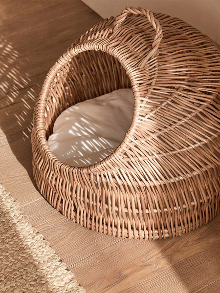 Indoor Cat Bed, Natural Wicker Cat House Basket with Washable Cushion for Indoor Cats and Dogs-Art Painting Canvas