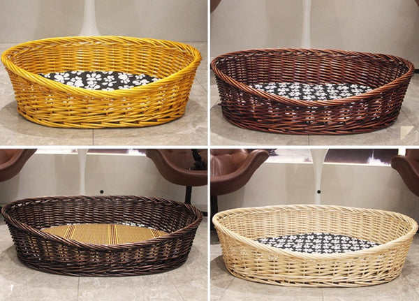 Natural Wicker Dog Bed with Washable Cushion for Indoor Cats and Dogs, Hand woven Rattan Cat Beds