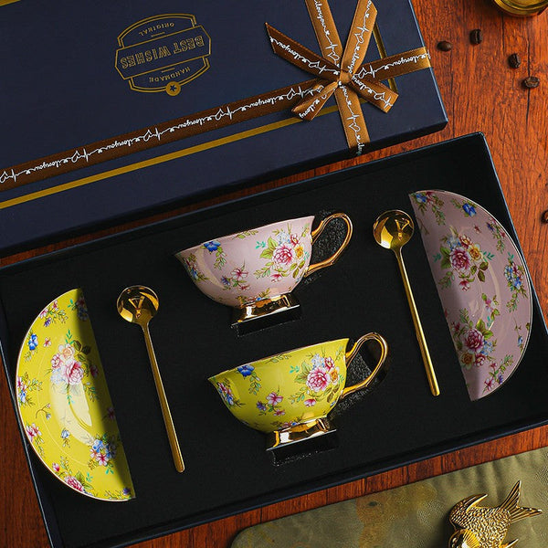 Flower Tea Cup and Saucer Set of 2 Cups in Gift Box, Porcelain Tea Cup Saucer Set, Floral Ceramic Coffee Cup with Saucer, Beautiful British Tea Cup and Saucer-Art Painting Canvas
