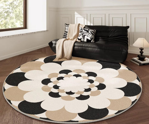 Abstract Contemporary Round Rugs under Chairs, Circular Area Rugs for Bedroom, Modern Rugs for Dining Room, Flower Pattern Modern Rugs for Living Room-Art Painting Canvas