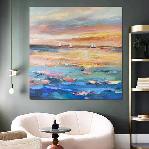 Abstract Landscape Wall Art for Bedroom, Sail Boat at Sea, Contemporary Modern Artwork, Large Modern Canvas Painting, Hand Painted Wall Art Painting-Art Painting Canvas