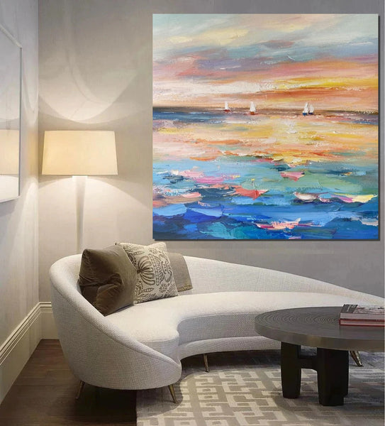 Abstract Landscape Wall Art for Bedroom, Sail Boat at Sea, Contemporary Modern Artwork, Large Modern Canvas Painting, Hand Painted Wall Art Painting-Art Painting Canvas
