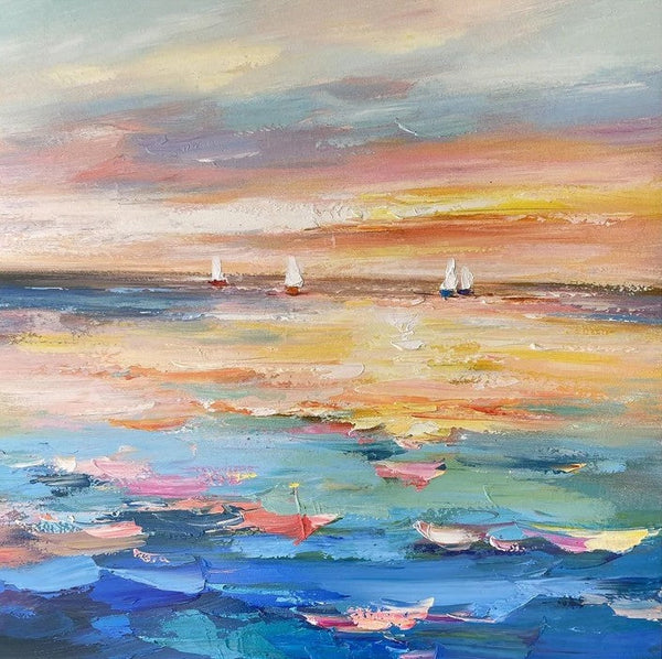 Abstract Landscape Wall Art for Bedroom, Sail Boat at Sea, Contemporary Modern Artwork, Large Modern Canvas Painting, Hand Painted Wall Art Painting-Art Painting Canvas