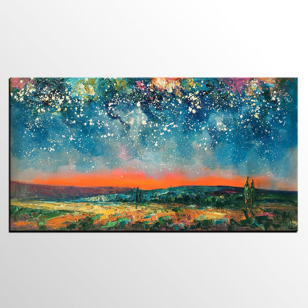 Original Landscape Painting, Starry Night Sky Painting, Bedroom Wall Art Paintings, Custom Original Painting for Sale-Art Painting Canvas