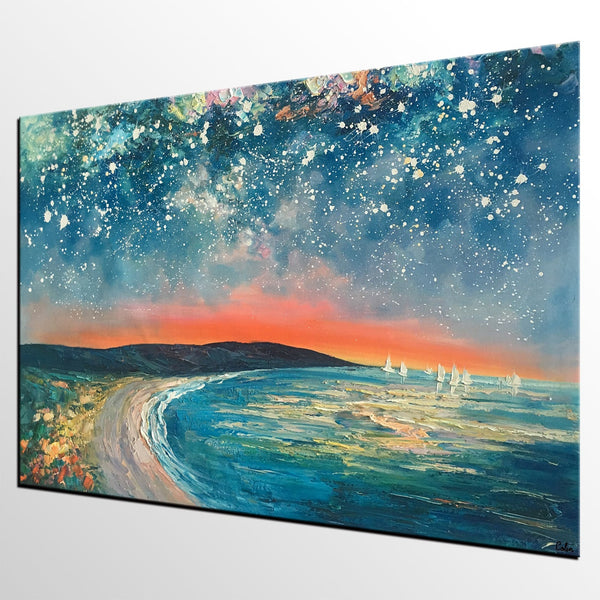 Starry Night Sky Seashore Painting, Abstract Art Painting, Canvas Oil Painting, Heavy Texture Art, Bedroom Wall Art, Landscape Painting, Large Art, Original Art-Art Painting Canvas