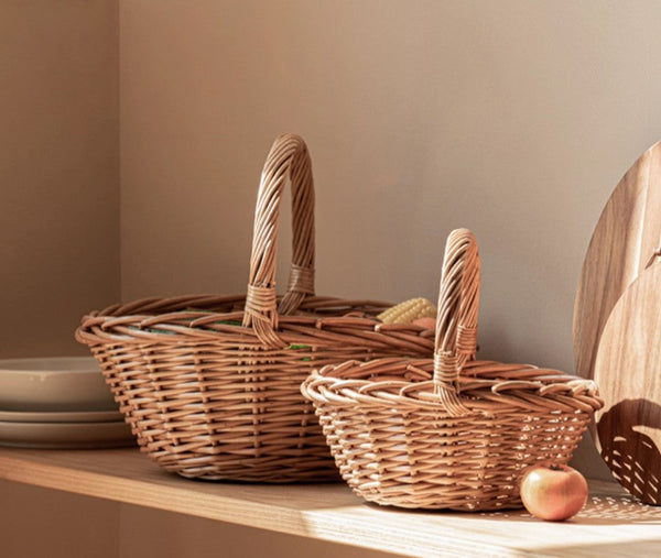 Large Picnic Food Basket with Handle, Lovely Willow Weaving Baskets for Vegetable, Natural Hand-woven Wicker Storage Basket, Natural Fruit Basket, Kitchen Storage Baskets-Art Painting Canvas