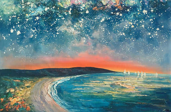 Starry Night Sky Seashore Painting, Abstract Art Painting, Canvas Oil Painting, Heavy Texture Art, Bedroom Wall Art, Landscape Painting, Large Art, Original Art-Art Painting Canvas