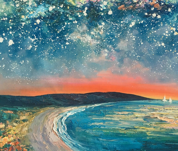 Starry Night Sky Seashore Painting, Abstract Art Painting, Canvas Oil Painting, Heavy Texture Art, Bedroom Wall Art, Landscape Painting, Large Art, Original Art-Art Painting Canvas