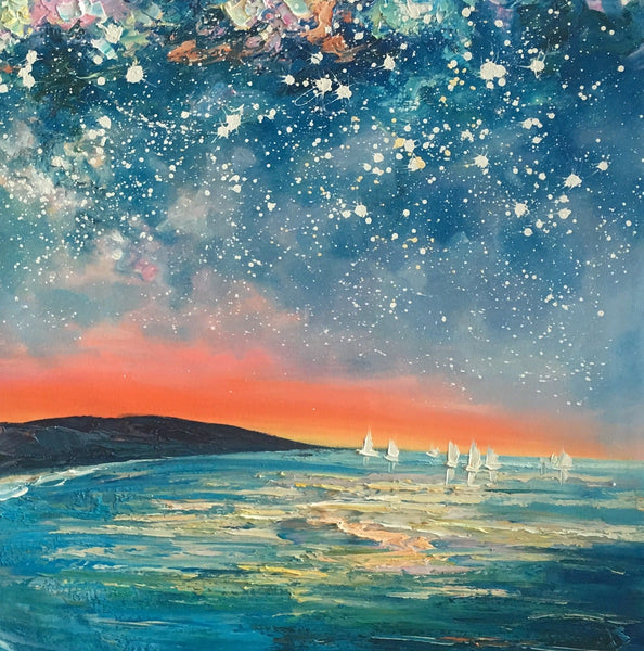 Starry Night Sky Seashore Painting, Abstract Art Painting, Canvas Oil Painting, Heavy Texture Art, Bedroom Wall Art, Landscape Painting, Large Art, Original Art-Art Painting Canvas