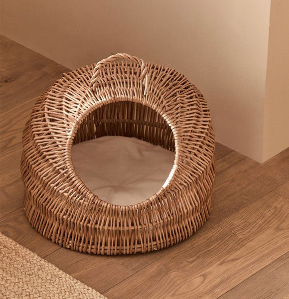 Indoor Cat Bed, Natural Wicker Cat House Basket with Washable Cushion for Indoor Cats and Dogs-Art Painting Canvas