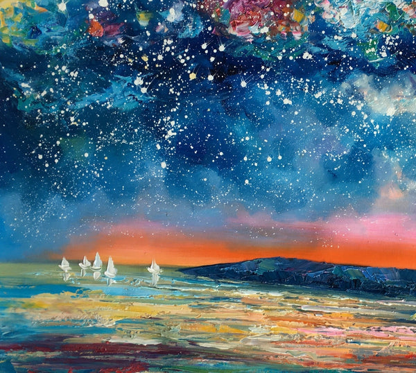 Canvas Painting, Abstract Art for Sale, Sail Boat under Starry Night Sky Painting, Custom Art, Buy Art Online-Art Painting Canvas
