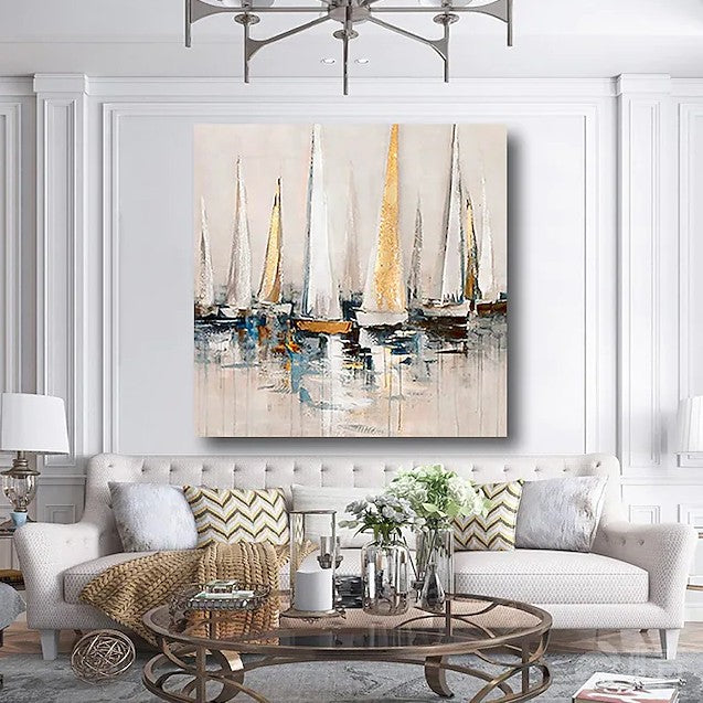 Sail Boat Paintings, Nautical Abstract Acrylic Canvas, Modern Coastal Wall Art, Hand Painted Seascape, Marine Blue Tones Artwork