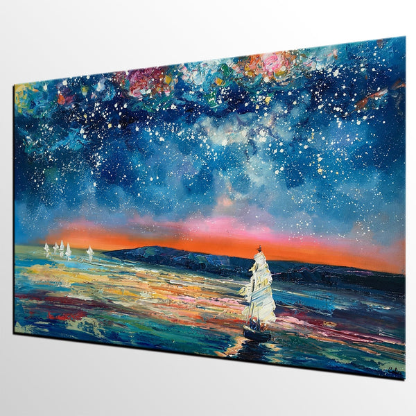 Canvas Painting, Abstract Art for Sale, Sail Boat under Starry Night Sky Painting, Custom Art, Buy Art Online-Art Painting Canvas
