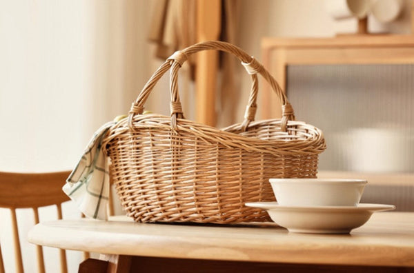 Large Kitchen Storage Baskets, Picnic Storage Basket with Handle, Hand-woven Wicker Storage Basket, Willow Weaving Baskets for Vegetable, Natural Fruit Basket-Art Painting Canvas