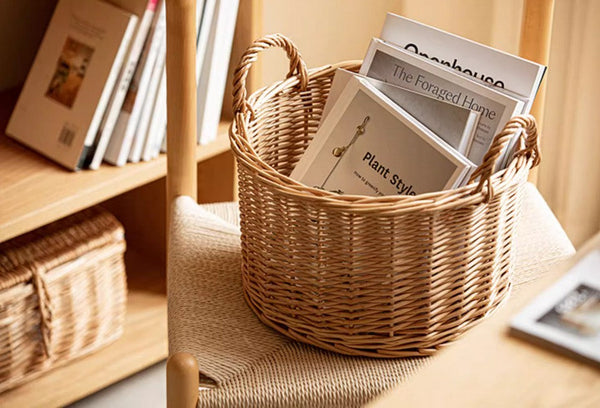 Small Picnic Fruit Basket with Handle, Kitchen Storage Baskets, Natural Hand-woven Wicker Round Storage Basket, Small Willow Weaving Baskets for Vegetable, Natural Fruit Storage Basket-Art Painting Canvas