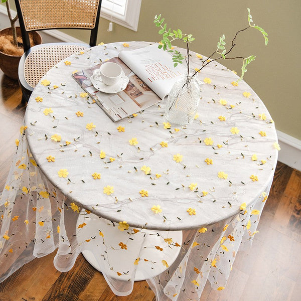 Yellow Flower Lace Tablecloths, Extra Large Rectangular Tablecloth for Oval Table, Lace Embroidered Table Covers, Rectangular Table Covers for Coffee Table-Art Painting Canvas