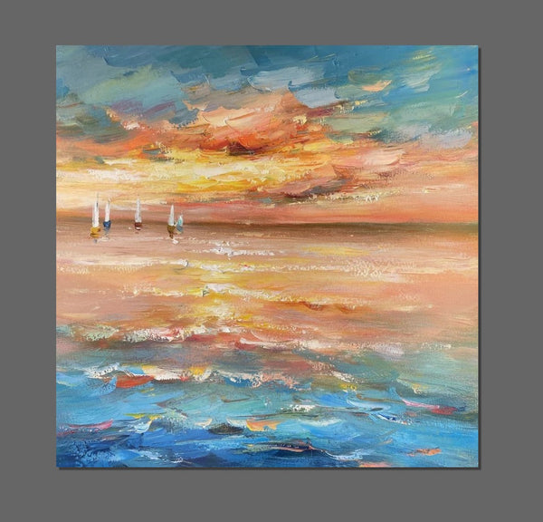 Contemporary Modern Artwork, Abstract Landscape Wall Art for Bedroom, Sail Boat at Sea, Large Modern Canvas Painting, Hand Painted Wall Art Painting-Art Painting Canvas