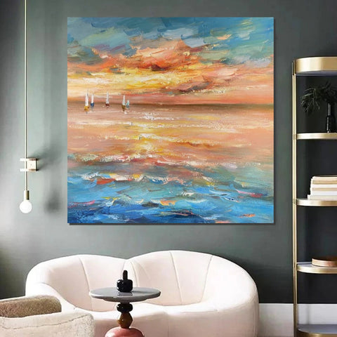 Contemporary Modern Artwork, Abstract Landscape Wall Art for Bedroom, Sail Boat at Sea, Large Modern Canvas Painting, Hand Painted Wall Art Painting-Art Painting Canvas