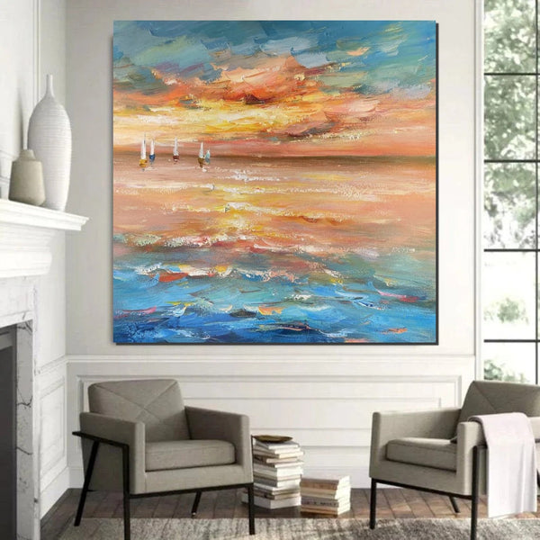 Contemporary Modern Artwork, Abstract Landscape Wall Art for Bedroom, Sail Boat at Sea, Large Modern Canvas Painting, Hand Painted Wall Art Painting-Art Painting Canvas