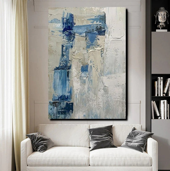 Simple Wall Art Ideas, Heavy Texture Painting, Blue Modern Abstract Painting, Bedroom Abstract Paintings, Large Acrylic Canvas Paintings-Art Painting Canvas