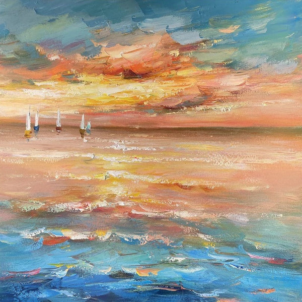 Contemporary Modern Artwork, Abstract Landscape Wall Art for Bedroom, Sail Boat at Sea, Large Modern Canvas Painting, Hand Painted Wall Art Painting-Art Painting Canvas