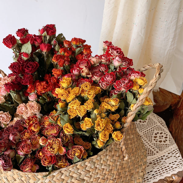 A Bouquet of Dried Rose Flowers, Dried Rose Flower Bouquet, Natural Dried Rose Flower Bunches, A Bunch Dried Rose Flowers, Red Yellow Purple Dried Rose Floral-Art Painting Canvas