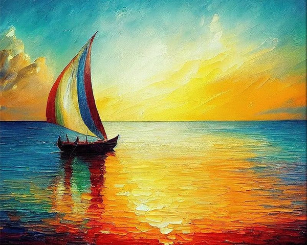 Simple Landscape Artwork, Easy Painting Ideas on Canvas, Small Sail Boat Sunset Painting, Simple Acrylic Painting Ideas, Easy Hand Paitned Canvas Art on Canvas-Art Painting Canvas