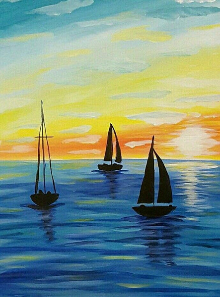 Small Canvas Artwork, Simple Landscape Art on Canvas, Simple Acrylic Paintings, Simple Small Seashore Sail Boat Paintings, Easy Painting Ideas for Home Decor-Art Painting Canvas
