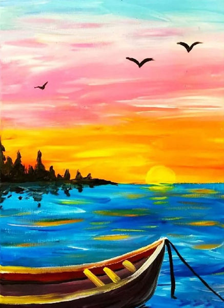 Small Boat Sunset Painting, Simple Landscape Artwork, Easy Hand Paitned Canvas Art on Canvas, Simple Painting Ideas on Canvas, Easy Acrylic Painting Ideas-Art Painting Canvas