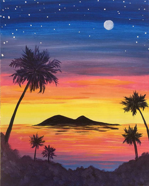 Small Island Palm Tree Night Sky Painting, Simple Acrylic Paintings, Small Acrylic Painting on Canvas, Simple Landscape Artwork, Easy Painting Ideas on Canvas-Art Painting Canvas