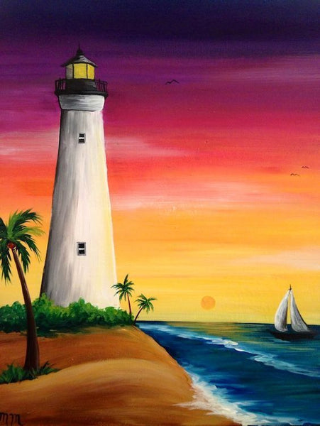 Small Acrylic Painting on Canvas, Small Seashore Lighthouse Sail Boat Painting, Simple Landscape Artwork, Easy Painting Ideas on Canvas, Simple Acrylic Paintings-Art Painting Canvas