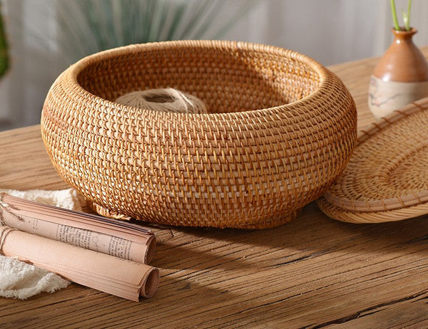 Rattan Storage Basket for Kitchen, Storage Basket for Picnic, Small Storage Baskets, Round Storage Basket with Lid, Woven Storage Baskets-Art Painting Canvas