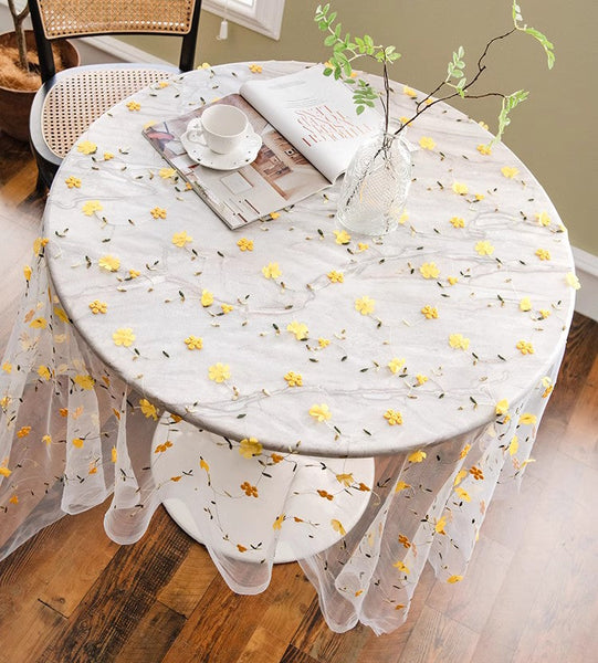 Yellow Flower Lace Tablecloths, Extra Large Rectangular Tablecloth for Oval Table, Lace Embroidered Table Covers, Rectangular Table Covers for Coffee Table-Art Painting Canvas